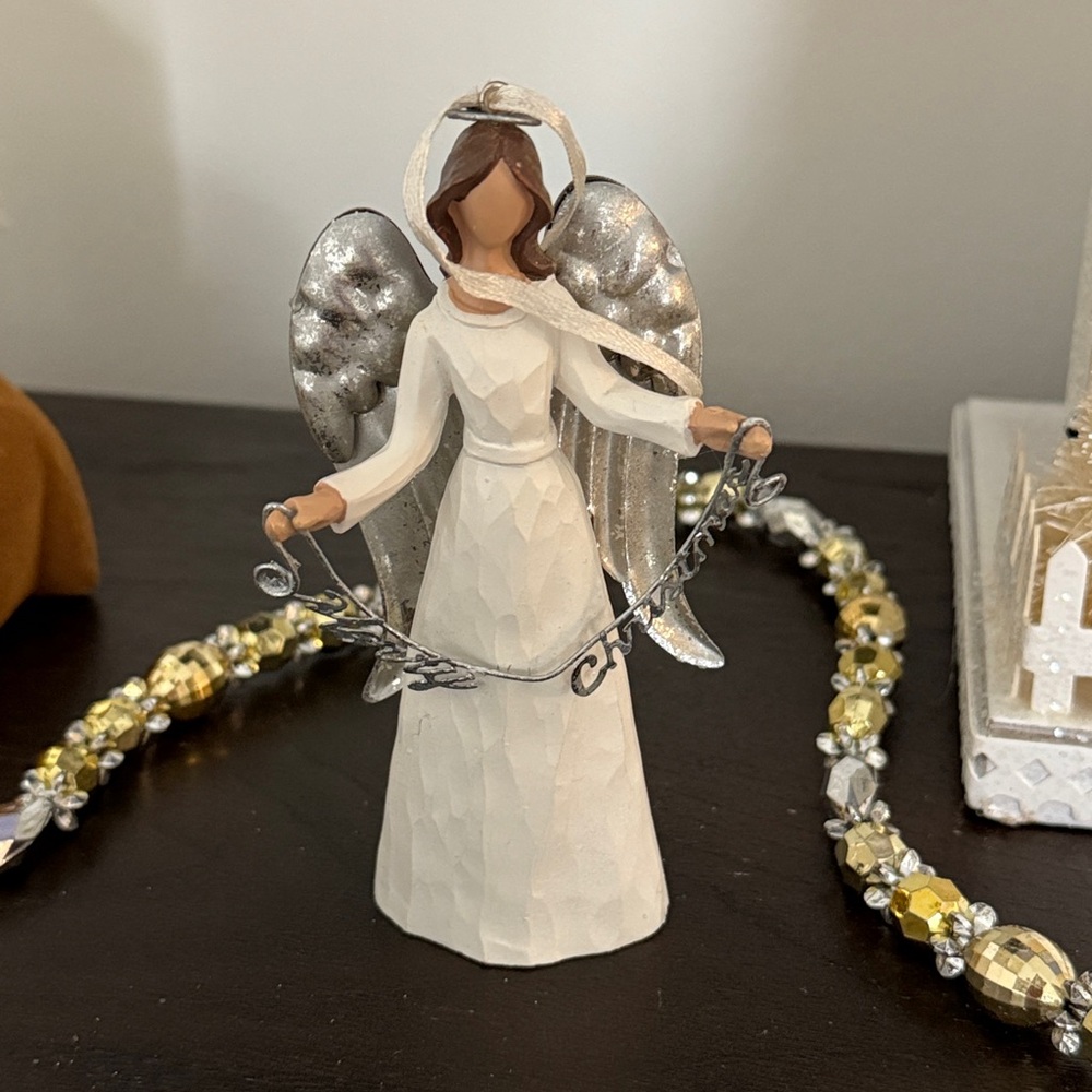 St. Nicholas Square White Silver Angel Ornament 5” Merry Christmas